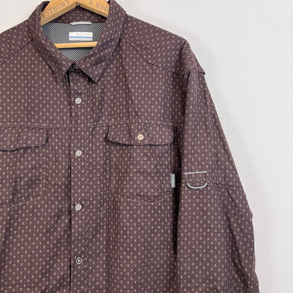 Columbia Mens XXL Omni-Wick Brown Pine Tree Print‎ Long Sleeve Outdoor Shirt